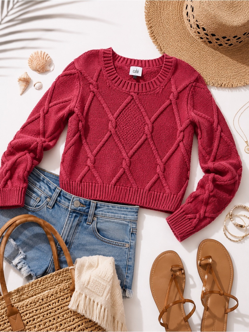 Cabi Harbor Sweater Style 3883 Small Raspberry Pink Chunky Cable Knit Pullover